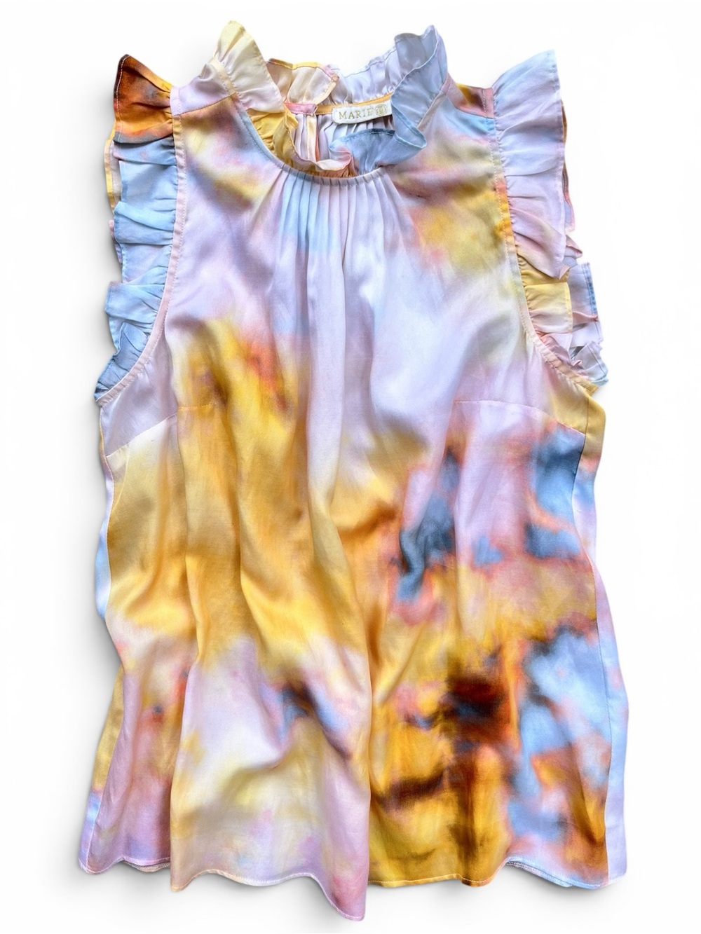 Marie Oliver Silk Watercolor Tie-Dye Ruffle Coquette Sleeveless Blouse SZ M NWOT